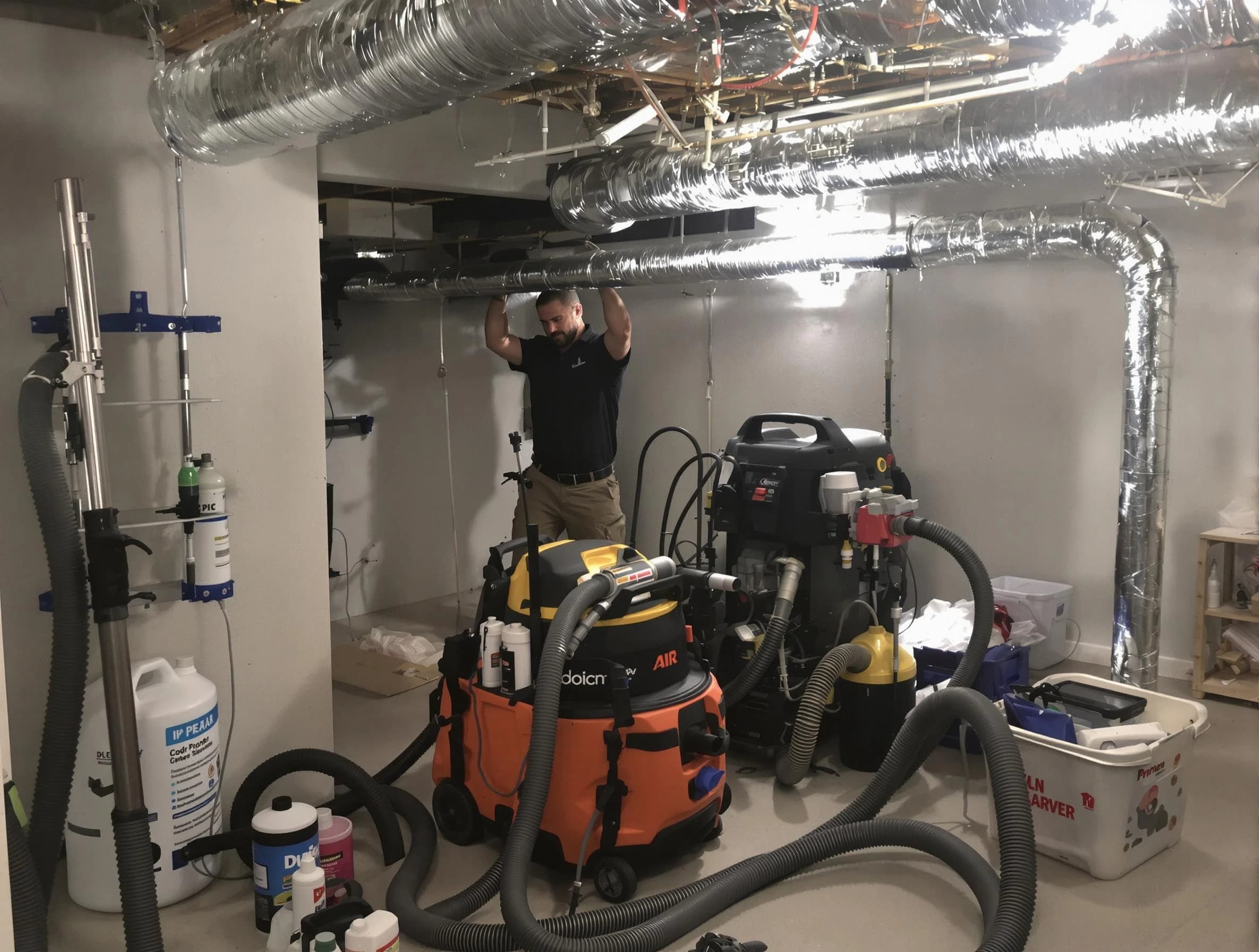 Kirtland AFB Air Duct Cleaning specialist performing professional mold removal from air ducts using safety equipment in Kirtland AFB