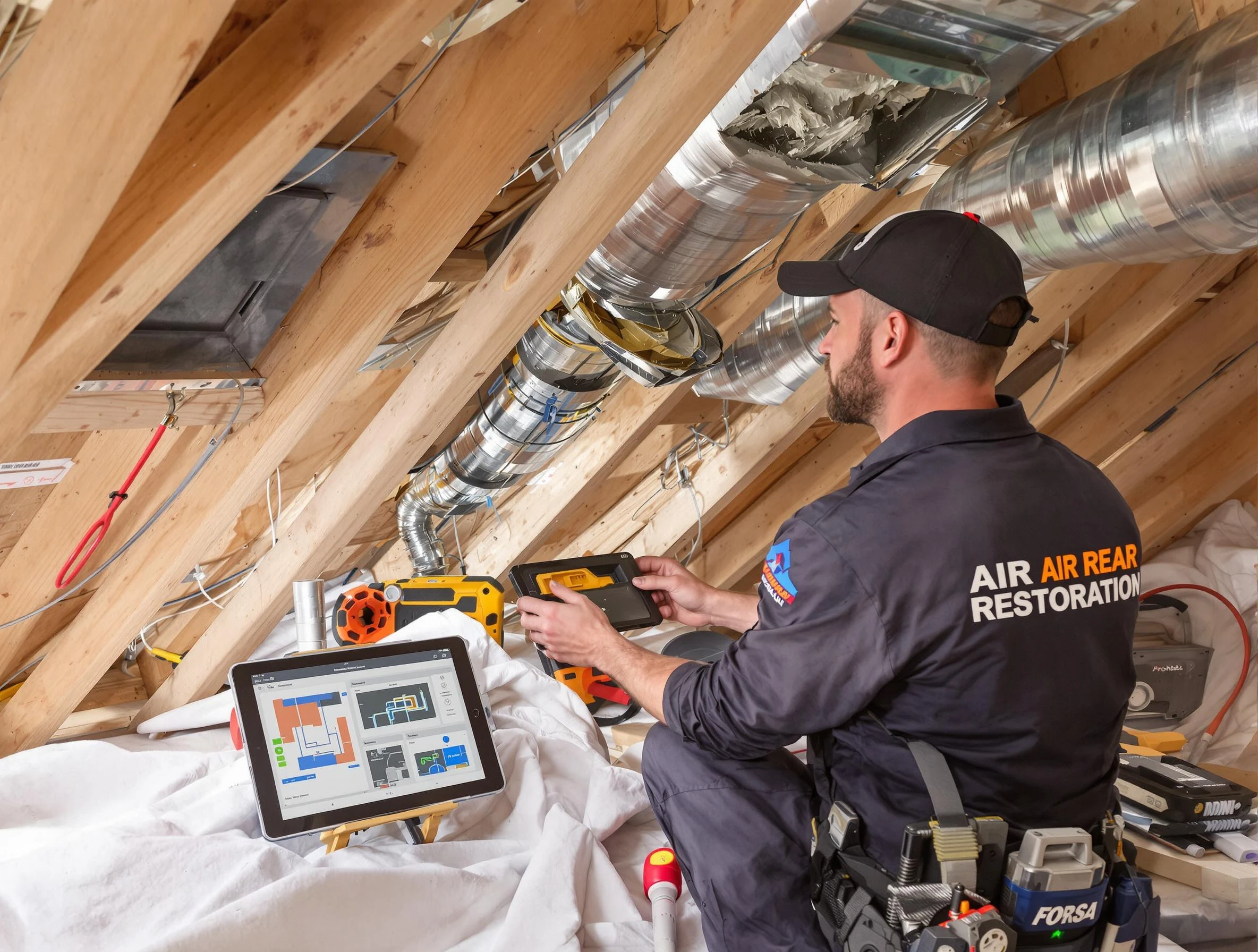 Kirtland AFB Air Duct Cleaning technician performing precise duct repair work in Kirtland AFB