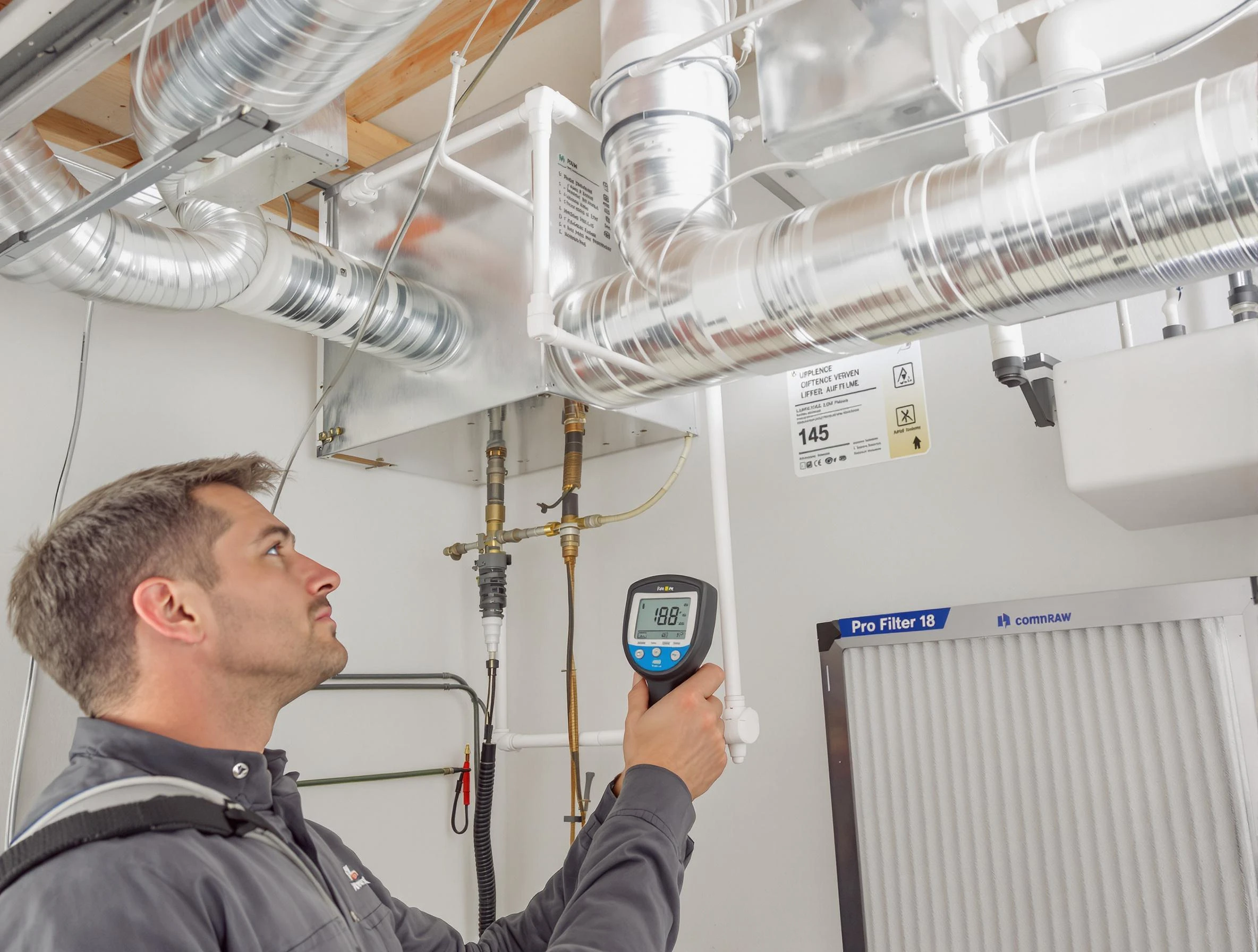 Kirtland AFB Air Duct Cleaning expert conducting detailed filter system inspection using diagnostic tools in Kirtland AFB